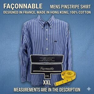 Vintage Faconnable XXL Pinstripe Shirt Blue White Cotton Made in Hong Kong Mens